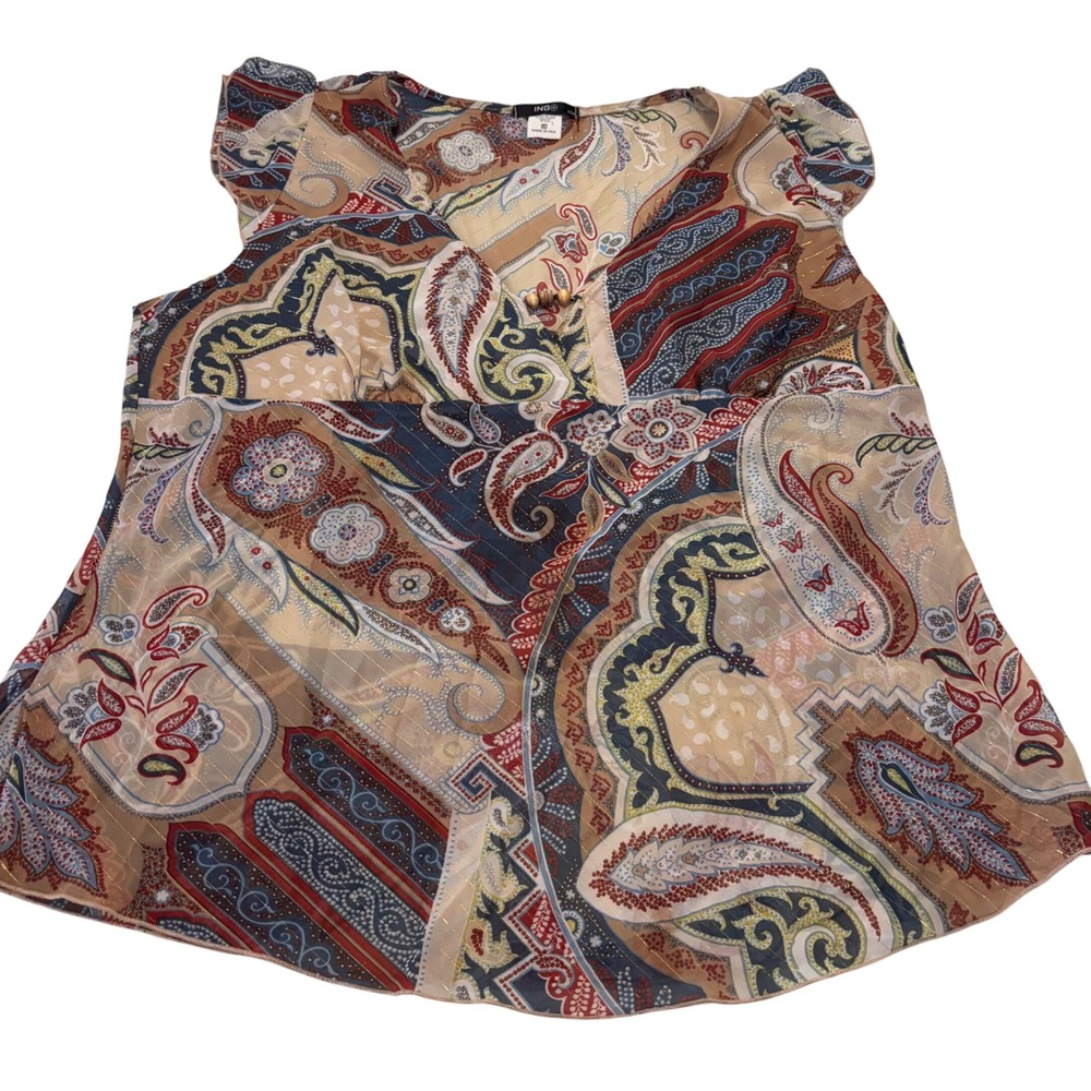 ING Blouse Women 3X Multicolor Paisley V-Neck Boho Bead Accent USA